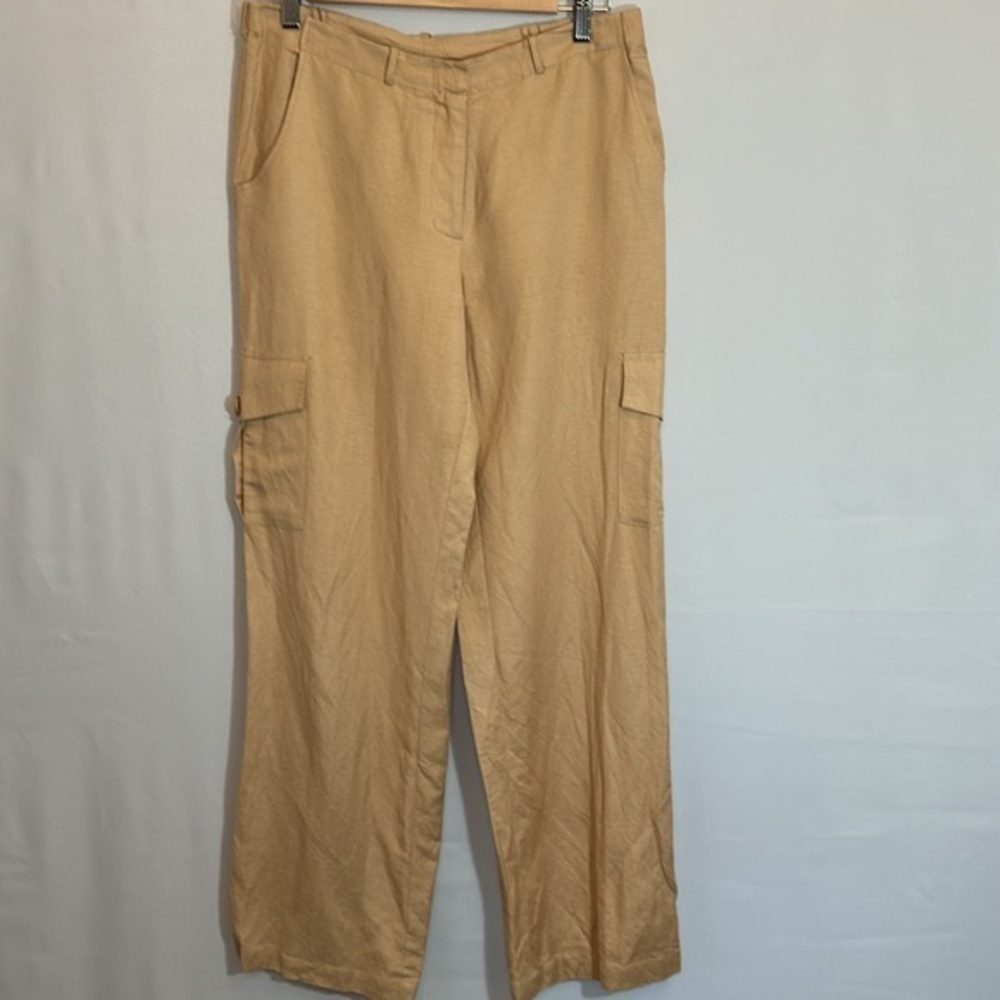 Elementz Womens Linen Blend Cargo Pants Size M Tan Beige Pockets Buttons Zipper